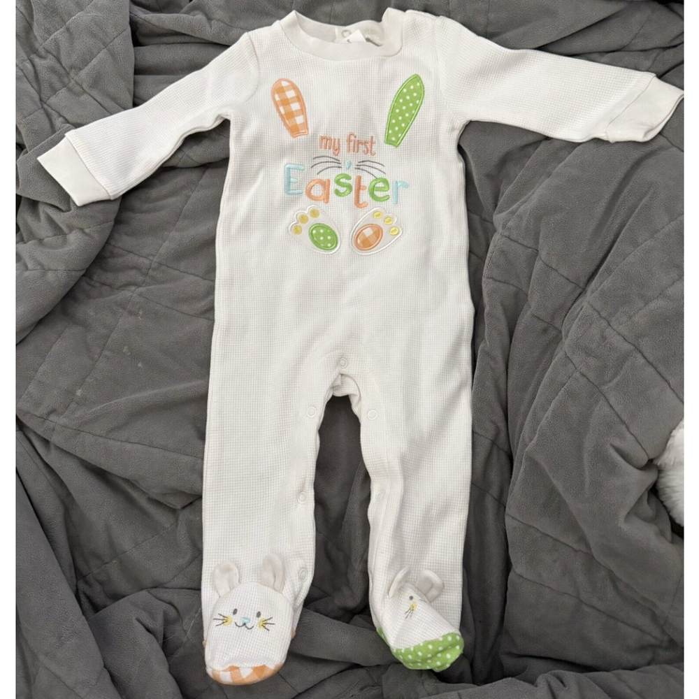 MY FIRST EASTER Footie One Piece 6M Bunny Feet Boys Girls Baby White Cotton NWT